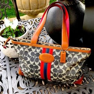 Vintage Signature Coach Varsity Stripe Shoulder Purse Bag